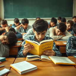 A classroom scene filled with Iranian teenage boys, all appearing tired and bored, with their heads resting on their desks