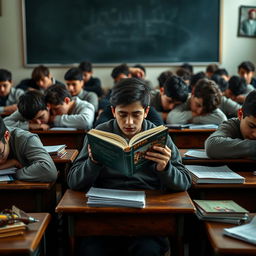 A classroom scene filled with Iranian teenage boys, all appearing tired and bored, with their heads resting on their desks