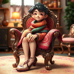 An imaginative character sitting in a beautifully crafted chair, adorned with intricate designs