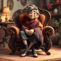 An imaginative character sitting in a beautifully crafted chair, adorned with intricate designs