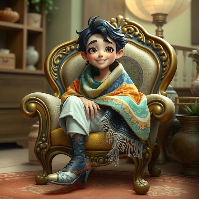 An imaginative character sitting in a beautifully crafted chair, adorned with intricate designs