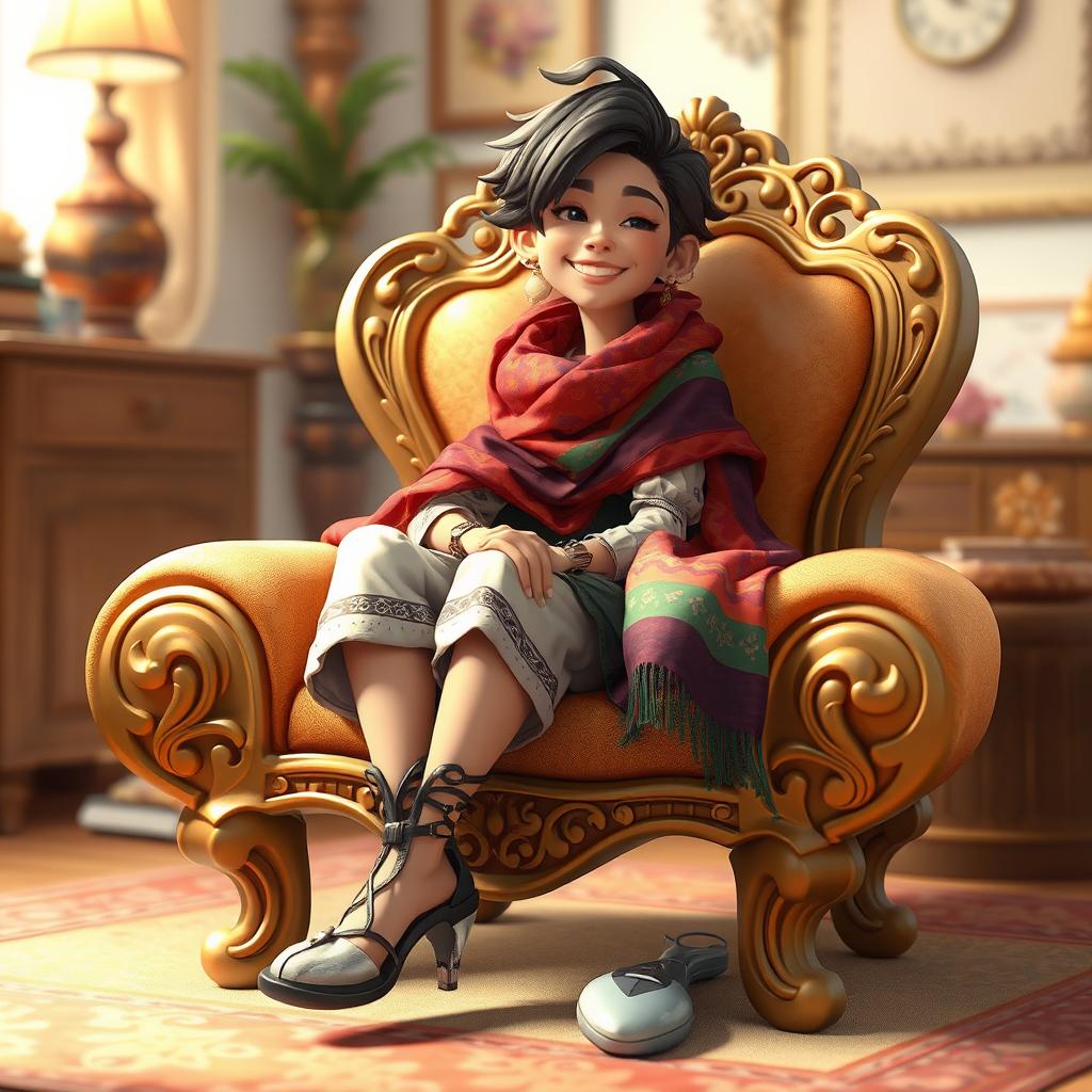An imaginative character sitting in a beautifully crafted chair, adorned with intricate designs