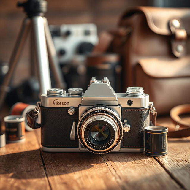 A close-up view of a vintage camera sitting on a rustic wooden table, surrounded by photography accessories such as film rolls, a tripod, and a leather camera bag