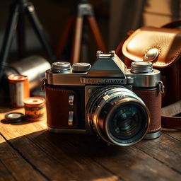 A close-up view of a vintage camera sitting on a rustic wooden table, surrounded by photography accessories such as film rolls, a tripod, and a leather camera bag