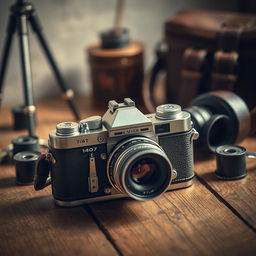 A close-up view of a vintage camera sitting on a rustic wooden table, surrounded by photography accessories such as film rolls, a tripod, and a leather camera bag