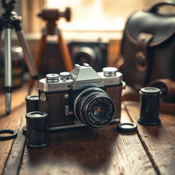 A close-up view of a vintage camera sitting on a rustic wooden table, surrounded by photography accessories such as film rolls, a tripod, and a leather camera bag
