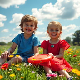 A nostalgic scene depicting two best friends from childhood enjoying a sunny day outdoors