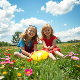 A nostalgic scene depicting two best friends from childhood enjoying a sunny day outdoors