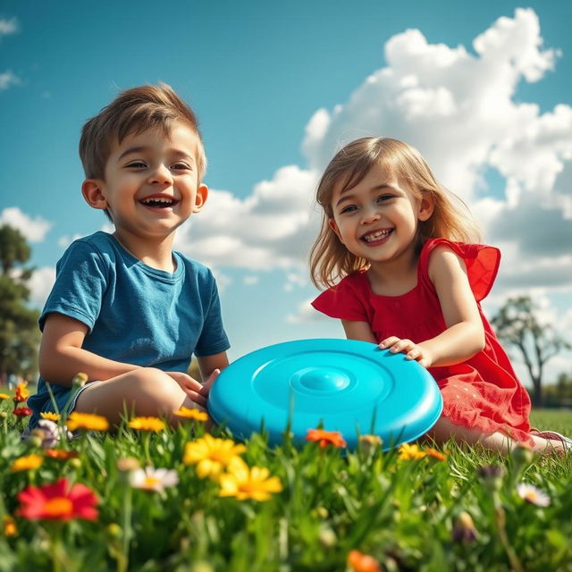 A nostalgic scene depicting two best friends from childhood enjoying a sunny day outdoors