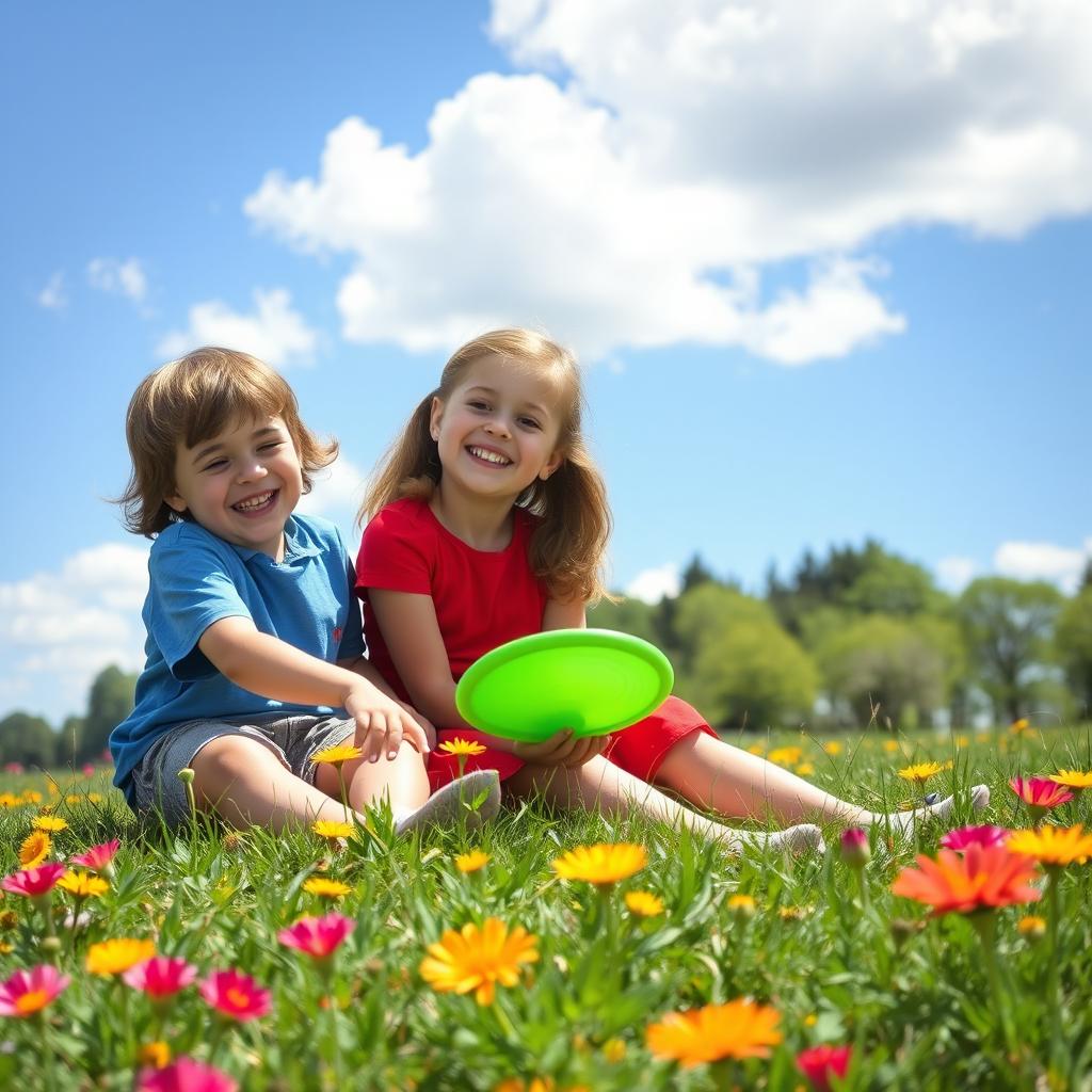 A nostalgic scene depicting two best friends from childhood enjoying a sunny day outdoors