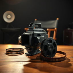 A vintage film camera on a wooden table with an open film reel next to it