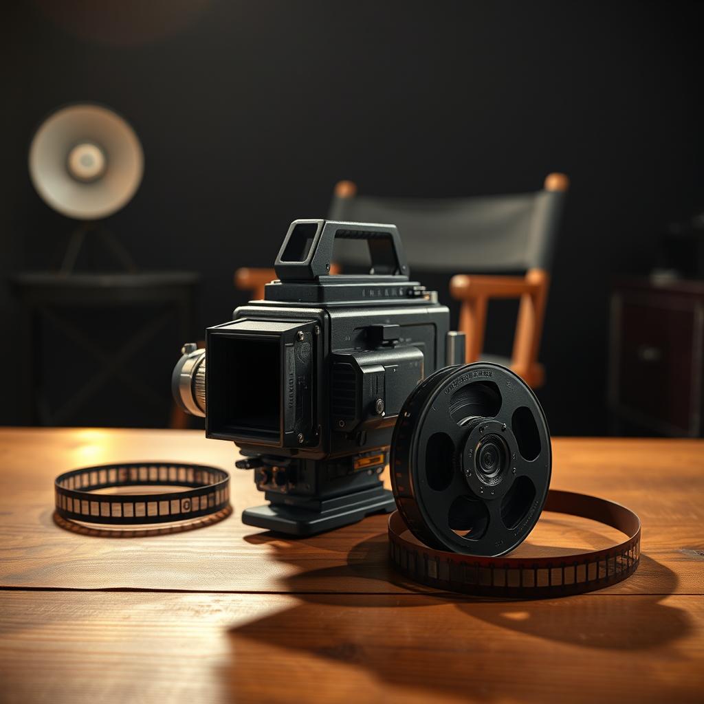 A vintage film camera on a wooden table with an open film reel next to it