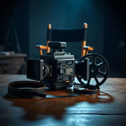 A vintage film camera on a wooden table with an open film reel next to it