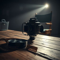 A vintage film camera on a wooden table with an open film reel next to it