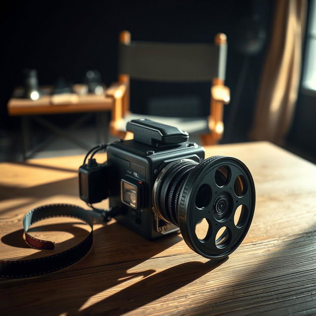 A vintage film camera on a wooden table with an open film reel next to it