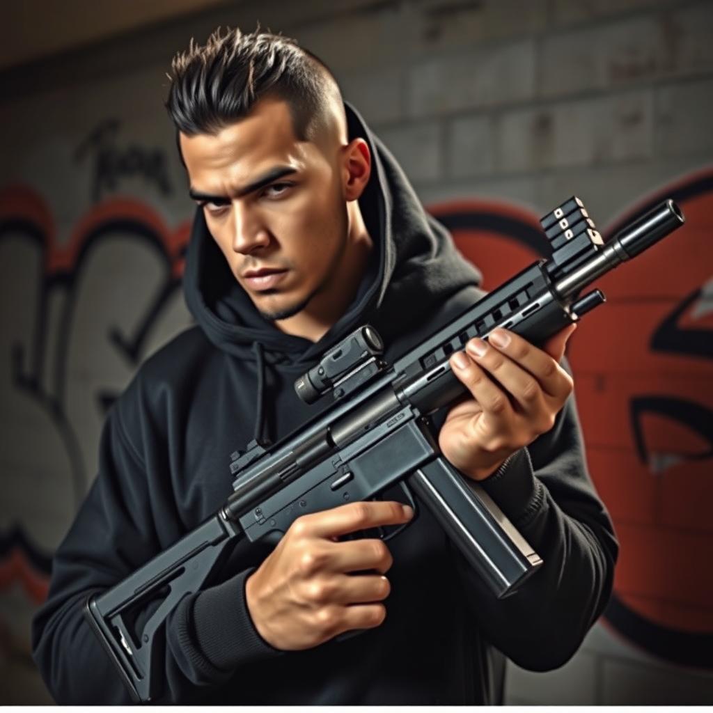 A stylish and edgy profile picture of a gang member holding a Uzi submachine gun