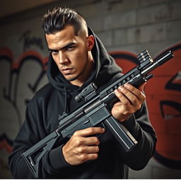 A stylish and edgy profile picture of a gang member holding a Uzi submachine gun