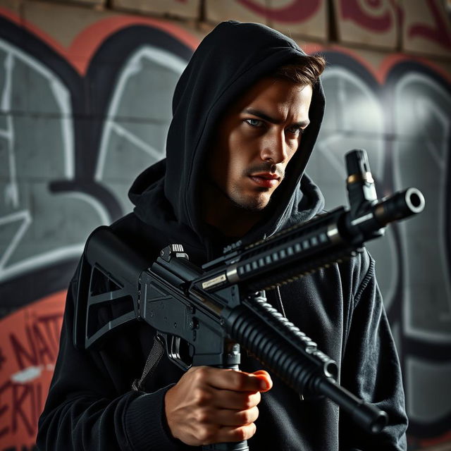 A stylish and edgy profile picture of a gang member holding a Uzi submachine gun