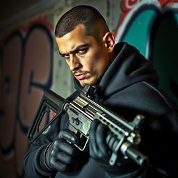 A stylish and edgy profile picture of a gang member holding a Uzi submachine gun