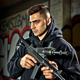 A stylish and edgy profile picture of a gang member holding a Uzi submachine gun