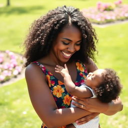 A woman holding a black baby in her arms, smiling warmly