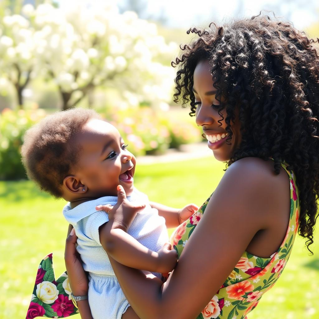 A woman holding a black baby in her arms, smiling warmly
