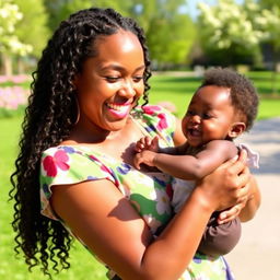 A woman holding a black baby in her arms, smiling warmly
