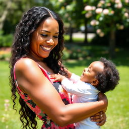 A woman holding a black baby in her arms, smiling warmly