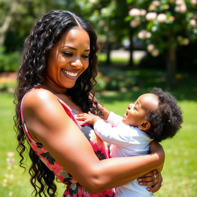 A woman holding a black baby in her arms, smiling warmly