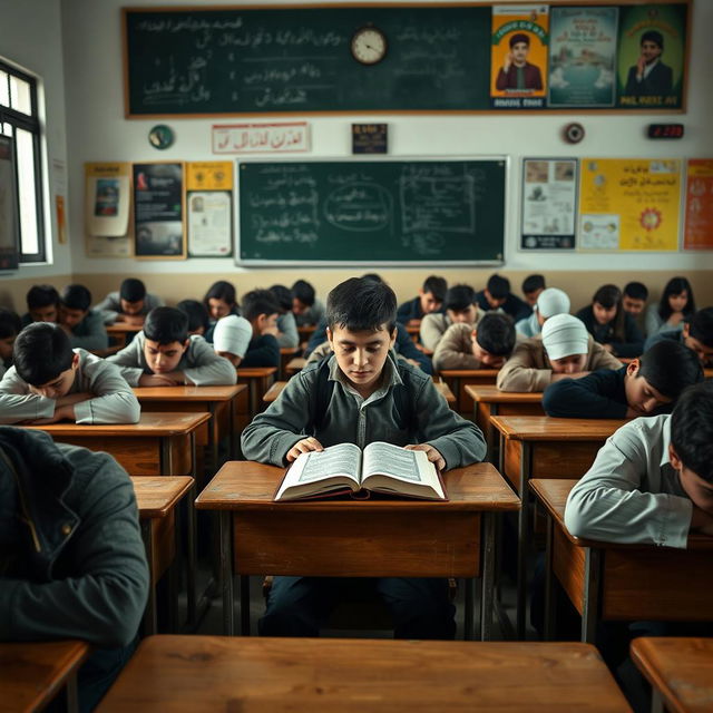 A classroom scene filled with Iranian teenage boys displaying signs of fatigue and boredom, their heads resting on their tables