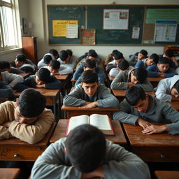 A classroom scene filled with Iranian teenage boys displaying signs of fatigue and boredom, their heads resting on their tables