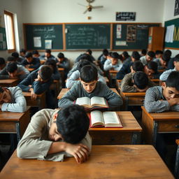 A classroom scene filled with Iranian teenage boys displaying signs of fatigue and boredom, their heads resting on their tables