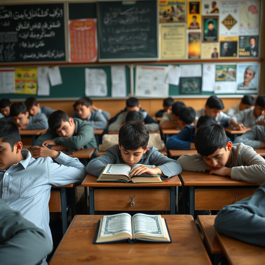 A classroom scene filled with Iranian teenage boys displaying signs of fatigue and boredom, their heads resting on their tables