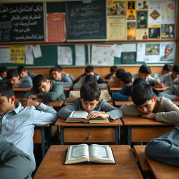 A classroom scene filled with Iranian teenage boys displaying signs of fatigue and boredom, their heads resting on their tables