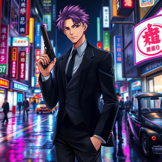 A tall male character with striking purple hair and deep violet eyes, dressed in a sleek black formal suit, standing confidently on a bustling Tokyo street at night