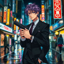 A tall male character with striking purple hair and deep violet eyes, dressed in a sleek black formal suit, standing confidently on a bustling Tokyo street at night