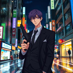 A tall male character with striking purple hair and deep violet eyes, dressed in a sleek black formal suit, standing confidently on a bustling Tokyo street at night