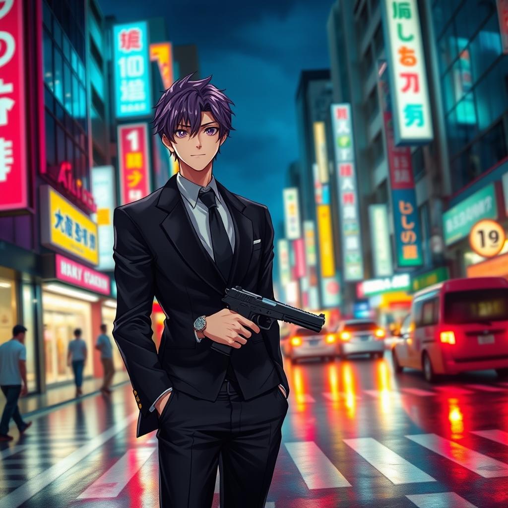 A tall male character with striking purple hair and deep violet eyes, dressed in a sleek black formal suit, standing confidently on a bustling Tokyo street at night