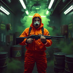 A man in a futuristic hazmat suit stands in a dimly lit poison room, surrounded by eerie green toxic fumes