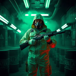 A man in a futuristic hazmat suit stands in a dimly lit poison room, surrounded by eerie green toxic fumes
