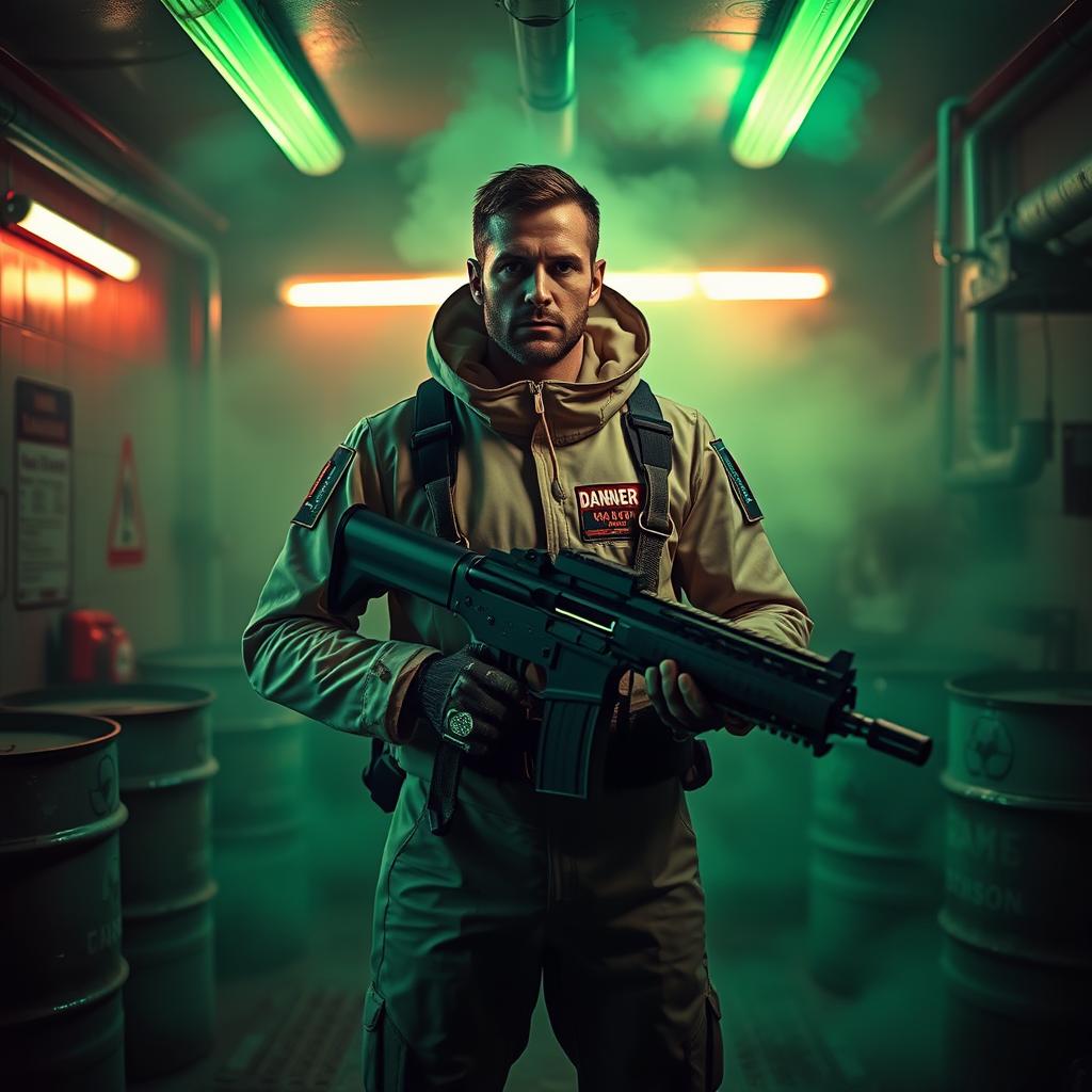 A man in a futuristic hazmat suit stands in a dimly lit poison room, surrounded by eerie green toxic fumes