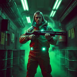A man in a futuristic hazmat suit stands in a dimly lit poison room, surrounded by eerie green toxic fumes