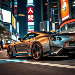 A sleek and modern Nissan sports car parked on a city street at night, with bright neon lights reflecting on its polished surface