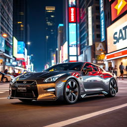 A sleek and modern Nissan sports car parked on a city street at night, with bright neon lights reflecting on its polished surface