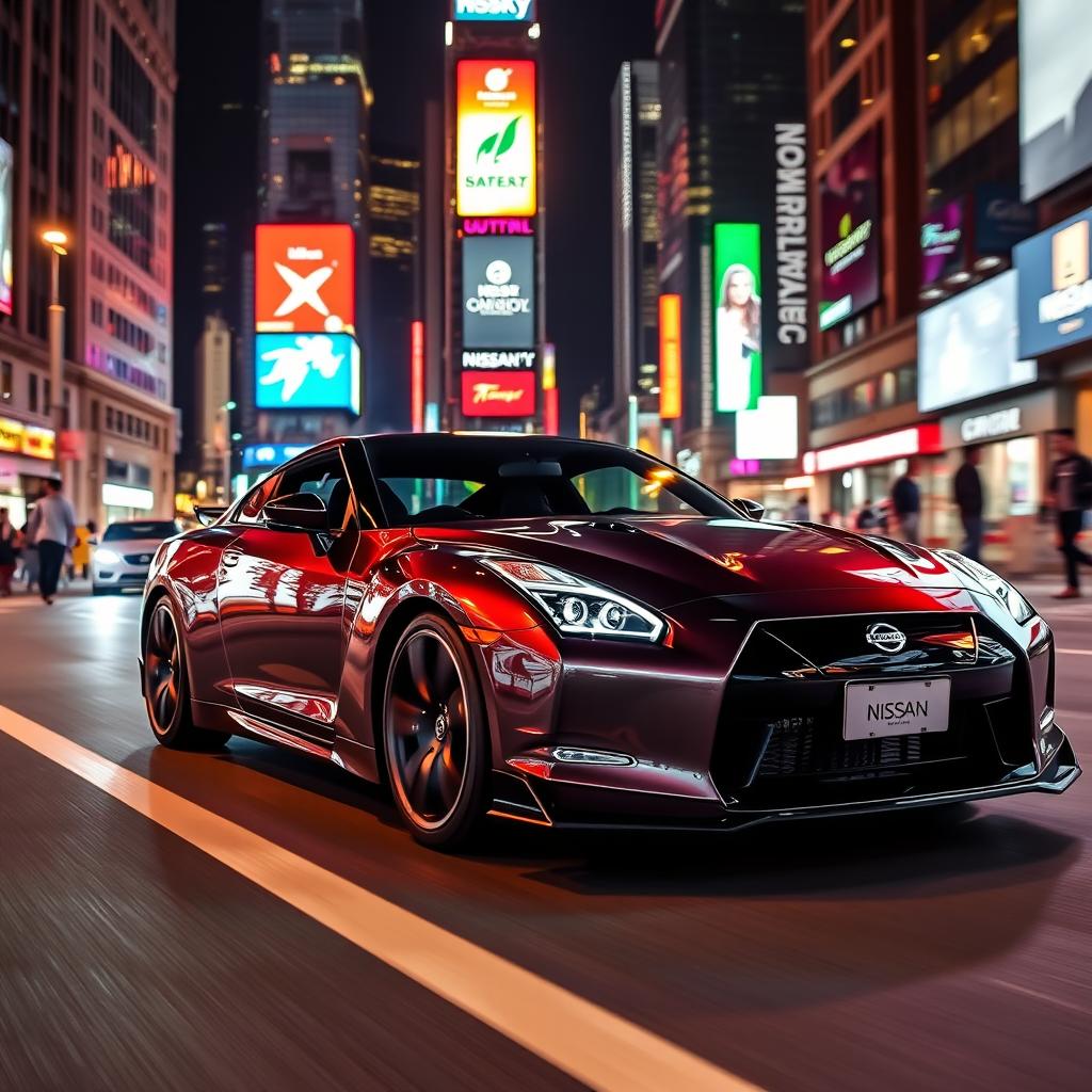 A sleek and modern Nissan sports car parked on a city street at night, with bright neon lights reflecting on its polished surface