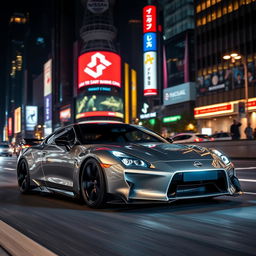 A sleek and modern Nissan sports car parked on a city street at night, with bright neon lights reflecting on its polished surface