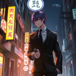 A tall male character with striking purple hair and vivid violet eyes, dressed in a sleek black formal suit