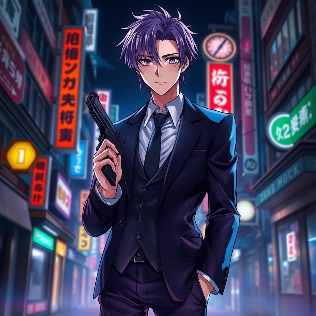 A tall male character with striking purple hair and vivid violet eyes, dressed in a sleek black formal suit