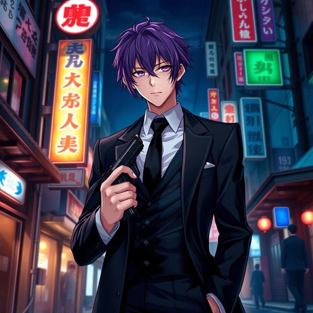 A tall male character with striking purple hair and vivid violet eyes, dressed in a sleek black formal suit