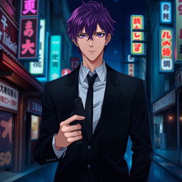 A tall male character with striking purple hair and vivid violet eyes, dressed in a sleek black formal suit